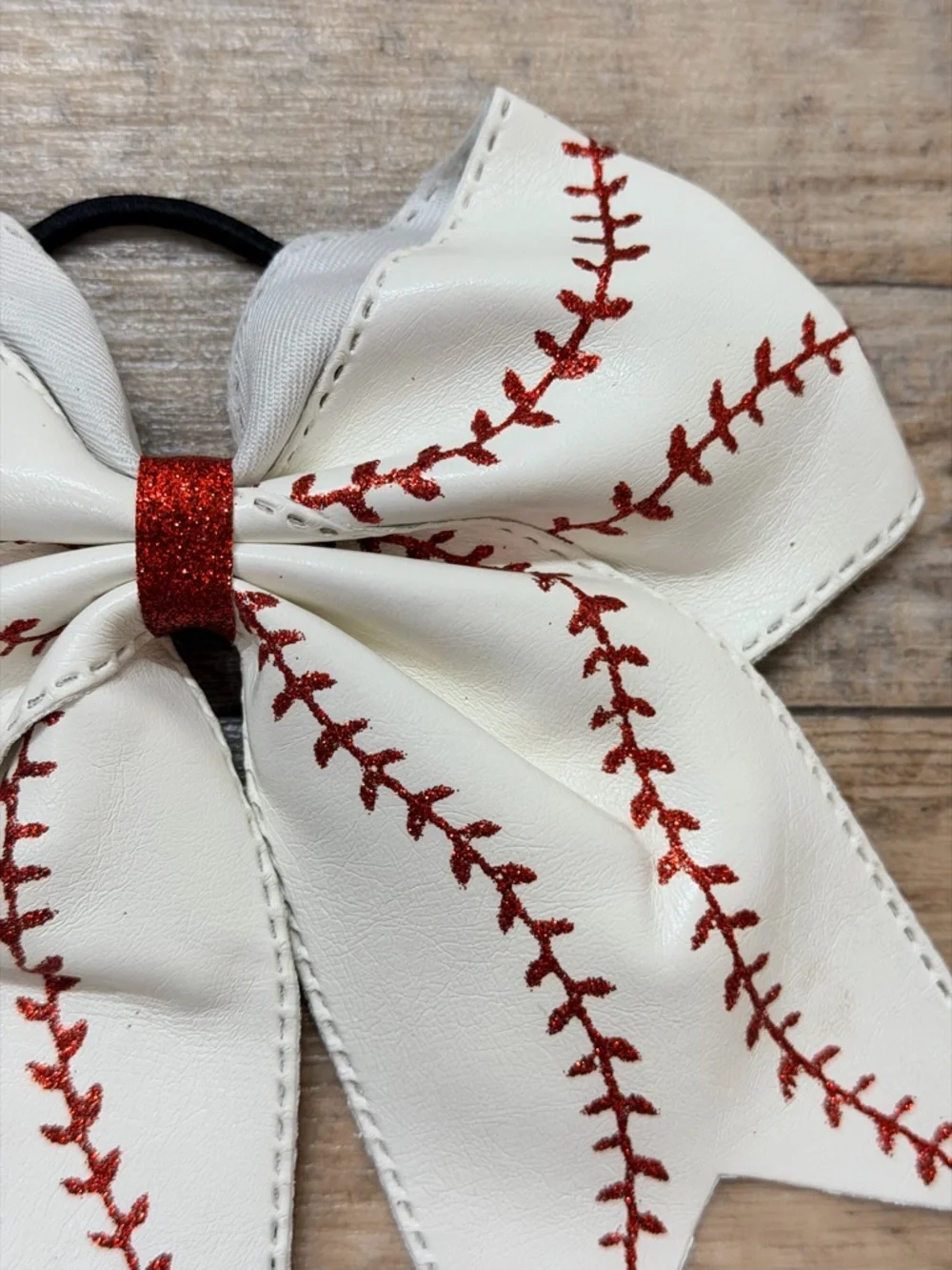 NWOT Vegan Leather White Baseball Red Stitch Bow Pony Tail Holder - Picture 3 of 6
